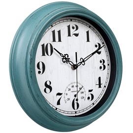 zyzamay 12 Inch Indoor Outdoor Clocks,Waterproof Wall Clock with Thermometer,Easy to Read,Non-Ticking Battery Operated Quality Quartz Clock, Decorative for Patio,Porch,Pool,Bathroom,Deck(Green)