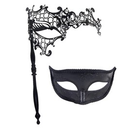 IETANG Couple Mask Half Venetian Masquerade Ball Mask Party Costume Accessory (on Stick-Set D)