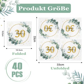 Wentsent Sage Green 30th Birthday Napkins for Women Men, Happy 30th Birthday Gold Napkins Eucalyptus Serviettes for Anniversary Cocktail Party Decoration