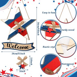Lineshading Patriotic Wreaths for Front Door 4th of July Welcome Door Sign Vintage Memorial Day Porch Hanger Wooden Red Blue White Star Hanging Sign with Bow for Wall Window Home Decoration,2 Plaques