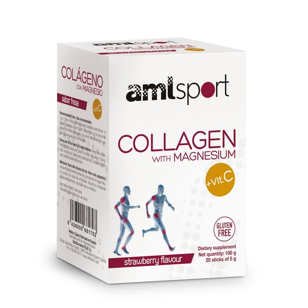 AML Sport - Collagen with Magnesium with Vitamin C Sticks - Strawberry Flavour - Travel Pack -20 Sticks. Hydrolized Collagen for healthy skin, bones, nails and joints. Dairy, Gluten and Sugar FREE.