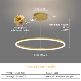 Mikeru Modern LED Chandelier Light, Ceiling Pendant Light Fixtures with Remote Control 3000k-6500K Adjustable Color Temperature Light for Living Room, Bedroom, Kitchen （23.6IN