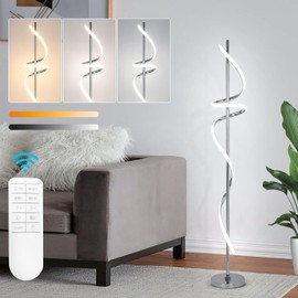 Modern Floor Lamp with Remote Control, Dimmable LED Floor Lamp for Living Room, 48W Spiral Floor Light with 3 Color Temperatures, Chrome Standing Tall Lamp for Bedroom Dining Rooms Home Offices