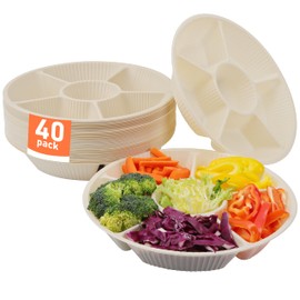 LUVCOSY 40 Pcs Disposable Divided Serving Trays & Platters, Cornstarch Appetizer Tray with 6 Deep Compartments, 12'' Chip and Dip Serving Set, Party Tray for Veggie Fruit, Microwave Safe