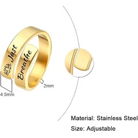 Q&D&S Dainty Just Breathe Ring for Women,Adjustable Inspirational Engraved Heart Stainless Steel Open Ring Personality Jewelry Gift (Heart black)