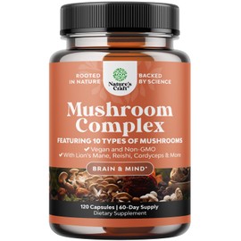 Extra Strength Mushroom Complex Capsules - 10X Lions Mane Mushroom Supplement Capsules with Reishi Chaga Cordyceps & More - 1330mg Adaptogenic Mushroom Nootropics Brain Support Supplement (2 Months)