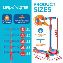 Lifemaster 3-Wheel Kids Scooter with Multi-Color Lights on Deck & Wheels – 5-Height Handlebar, Wide Anti-Slip Deck, Child Safety Certified, Boys & Girls Ages 3+ Supports Up to 150 lbs, Blue Red