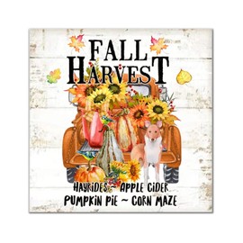 Fall Harvest Sunflower Japanese Chin Dog Truck Wooden Signs Farmhouse Welcome Fall Wall Plaque Harvest Day Hanging Sign Home Wall Decoration For Bedroom Living Room Wall Kitchen Home 12x12in