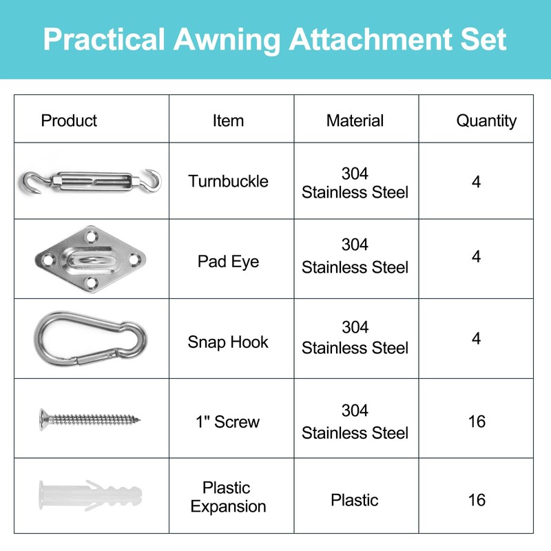 HOMPER Awning Attachment Set, Heavy Duty Sun Shade Sail Stainless