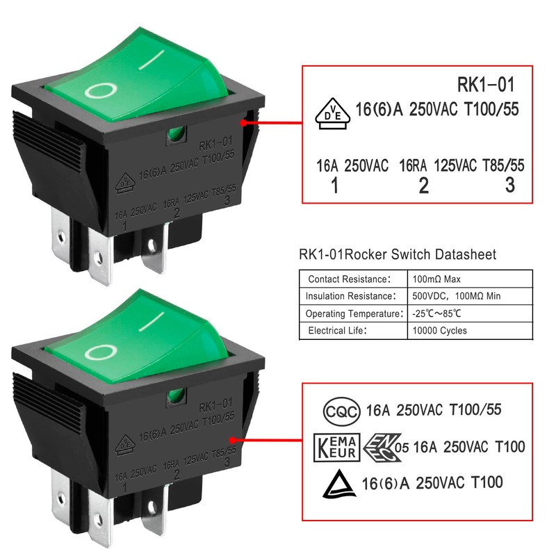 Heschen Rocker Switch ON-OFF DPST 4 Terminals Green Light 16A