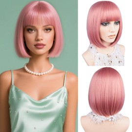 MAYSA Pink Bob Hair Wigs with Bangs Short Straight Bob Bangs Wig 12in Colorful Synthetic Cosplay Daily Party Wig for Women # Light Pink