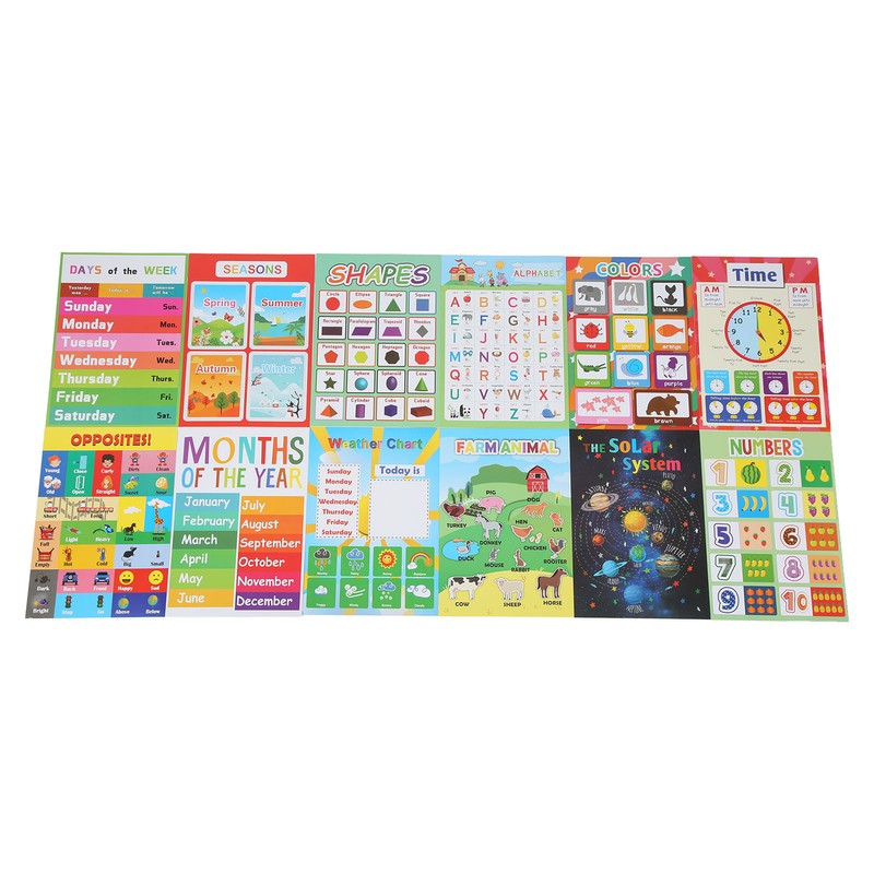 12PCS Educational Posters for Kids Cartoon Learning Poster Waterproof English