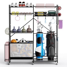 GYMAX Garage Sports Equipment Organizer, Ball Storage with 5 Adjustable Shelves, Side Storage Hook & 13 Removable Hanging Hooks, Garage Toy Storage for Golf Bag, Yoga Mat, Basketball