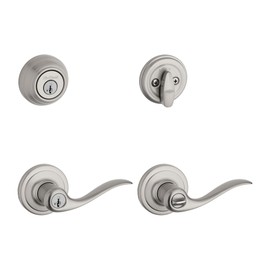 Kwikset 991 Tustin Entry Lever and Single Cylinder Deadbolt Combo Pack featuring SmartKey in Satin Nickel, Model Number: 99910-040
