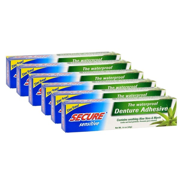Secure Sensitive Gums Waterproof Denture Adhesive Zinc Free with Aloe Vera & Myrrh - Extra Strong 12 Hour Hold - 1.4 oz (Pack of 6)