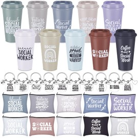 Honeydak 30 Pcs Social Worker Appreciation Gifts Set, 16oz Coffee Cups with Lids, Keychains & Cosmetic Bags Bulk for Social Worker Week, School, Nurses, Teachers(Morandi Color,Classic Style)