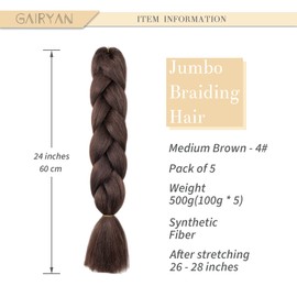 Gairyan Braiding Hair Extensions Ombre Jumbo Braids Synthetic Hair 5packs 24 inches 500g Coloured Hair for Braiding Extensions Box Braids Crochet Twist (Medium Brown)