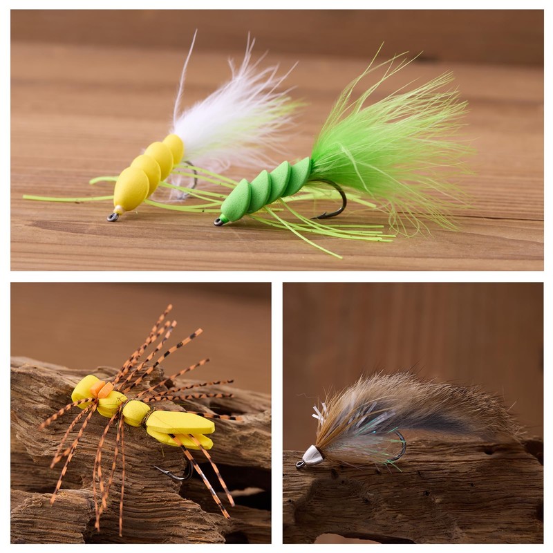 BASSDASH 18pcs Bass Fly Fishing Flies, Dry Wet Flies Poppers