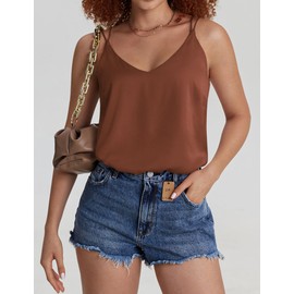 Ekouaer Womens Silk Satin Camisole Tank Tops V Neck Casual Spaghetti Strap Cross Back Sleeveless Basic Cami Shirt Caramel S