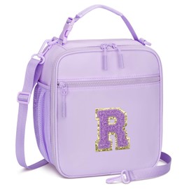 CLOUDWINGS Initial Insulated Lunch Bag for Girls Kids, Back to School Gift, Reusable Leak-proof Lunch Box with Adjustable Strap for School Daycare Travel Picnic (Purple,R)