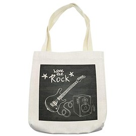 Ambesonne Guitar Tote Bag, Love the Rock Music Themed Sketch Art Sound Box and Text on Chalkboard, Cloth Linen Reusable Bag for Shopping Books Beach and More, 16.5" X 14", Charcoal Grey White
