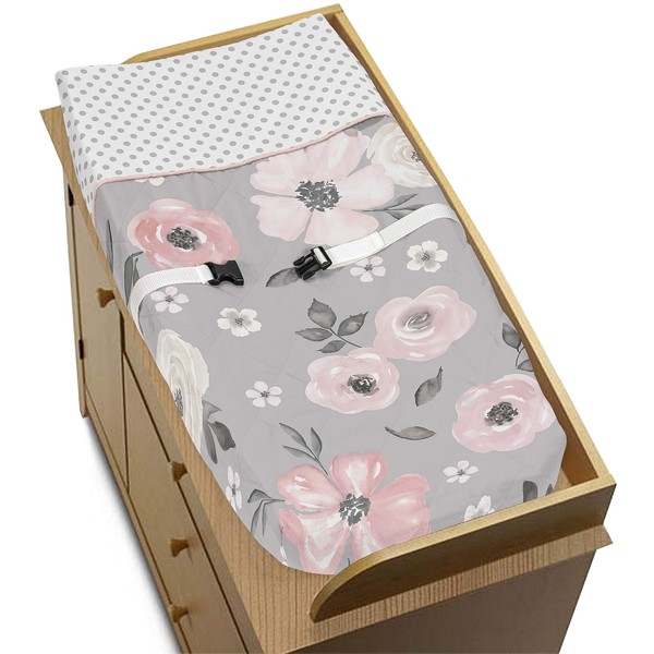 Sweet Jojo Designs Grey Watercolor Floral Girl Baby Nursery Changing Pad Cover - Blush Pink Gray and White Shabby Chic Rose Flower Polka Dot Farmhouse
