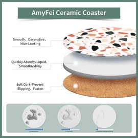 AmyFei Drink Coasters, Round Drink Coasters Sets of 6, Coasters for Coffee Table with Cork Base, Terrazzo Pattern(Warm Orange) Cup Coasters with Holder Suitable for Kinds of Cups, Home(4 Inches)