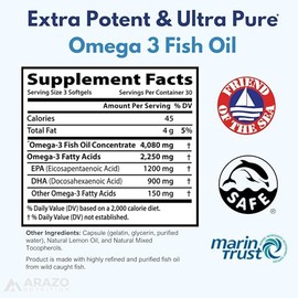 Arazo Nutrition- Aceite de Pescado Omega 3 Capturado Salvaje 90 Geles Blandos 4,080mg Alto EPA 1200mg DHA 900mg Burples Sabor Limón