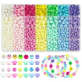 Wavlakth 1200 Pcs Acrylic Candy Heart Star Beads Round Smile Face Kandi Beads, Assorted Bracelet Pastel Bead Cute Kawaii Fun Beads for DIY Craft Jewelry Making Phone Lanyard Earring Bracelet