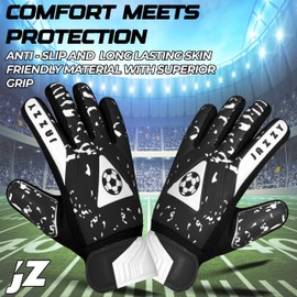 Jazzy Sports Goalkeeper Gloves for Youth, Kids Goalie Gloves with Double Wrist Protection, Non-Slip Latex Material, Adult Soccer Goalkeeper Gloves (Black, Size 4 Suitable for 6-9 Years)