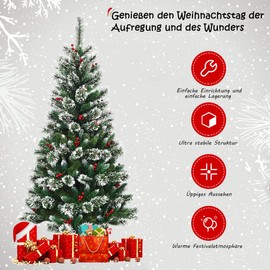 COSTWAY 150/180/210/240 cm Artificial Christmas Tree with Red Berries, Snow-Covered Christmas Tree with Metal Stand, Christmas Tree PVC and Pine Needles, Artificial Tree Christmas Folding System (150