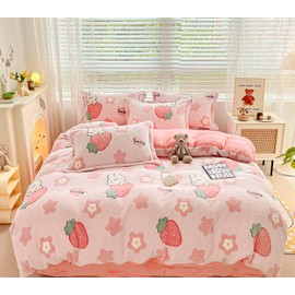 LMONMOO Twin Duvet Cover, Pink Strawberry Duvet Cover Set, Super Soft Kawaii Bedding Sets Cute Rabbit Fluffy Comforter for Girls Kids Teen Women with Zipper Closure & Corner Ties