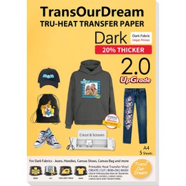 TransOurDream Tru-Heat Transfer Paper Inkjet Upgraded 2.0 5 Sheets A4 for Thick Fabric Iron on Transfers for Dark & Black Heavy, Striped, Canvas, Denim, Easy to Transfer Printable Vinyl (Trans-02-5)
