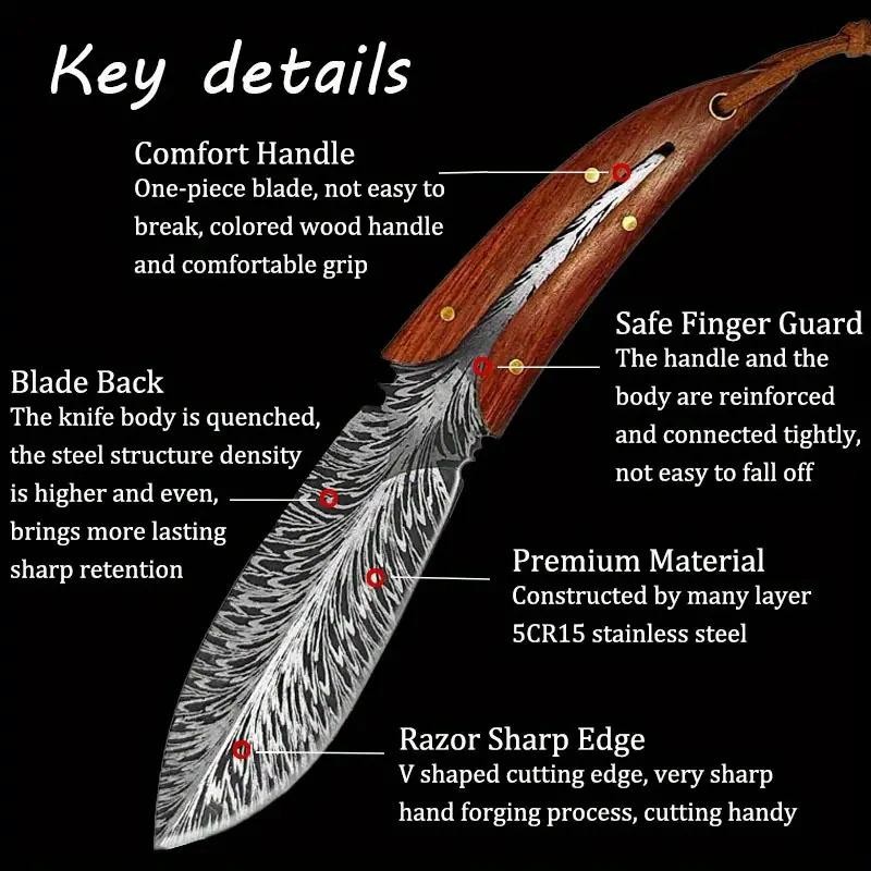Feather Damascus Blade with Leather Sheath Vegetable Cutter Stainless Steel