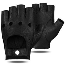 GSG Mens Fingerless Driving Riding Half Finger Leather Gloves Lambskin Unlined Black,L