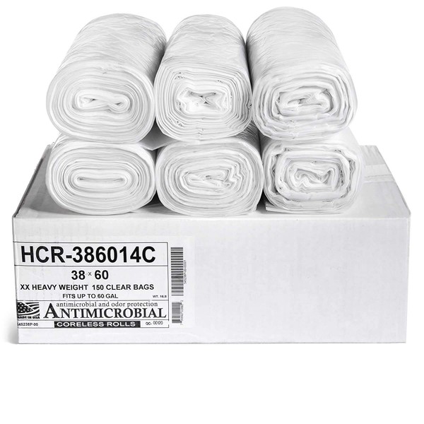 Aluf Plastics High Density Trash Bags, 60 Gallon, 150 Count, 14 Micron (eq), 38" x 60", Clear, for Bathroom, Office, Industrial, Commercial, Janitorial, Municipal, Recycling