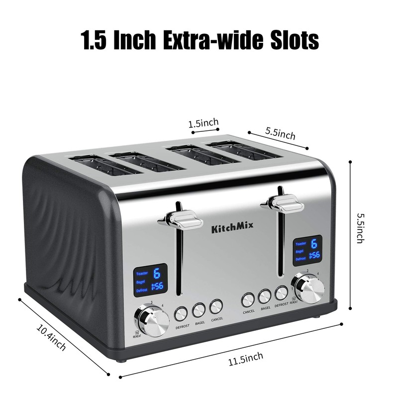 KitchMix Toaster 4 Slice, Bagel Stainless Toaster with LCD Timer,