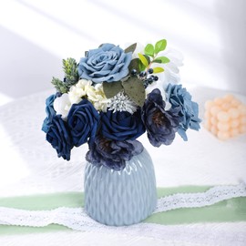 Jspupifip Dusty Blue Artificial Flowers Combo Box Set,Fake Silk Flowers Arrangement Bouquets with Stem Leaf for DIY Wedding Flower Centerpiece Wedding Centerpieces, Blue and White