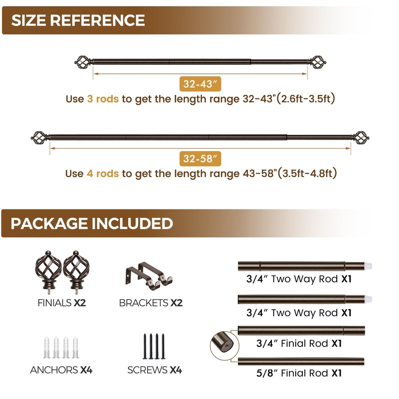 KAMANINA Bronze Curtain Rod 32 to 58 Inch(2.6-4.8ft), Adjustable Curtain