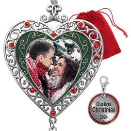 Our First Christmas Ornament 2024 - Silver Filigree Heart Shaped Photo Ornament - Xmas Picture Ornaments - Gift/Storage Bag Included