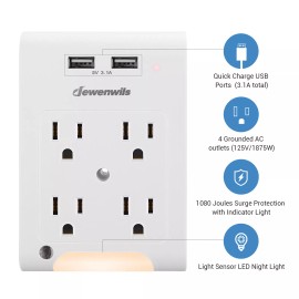 DEWENWILS 4-Outlet Wall Outlet Adapter with 2 USB and Light Sensor Night Light