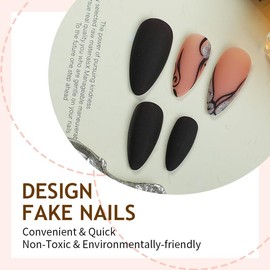 Almond Press on Nails Black Stripe Line Fake Nails French Tip False Nails Press ons Medium Matte Artificial Acrylic Nails Reusable Glitter Glue on Nail for Women Girls Manicure Deco 24Pcs
