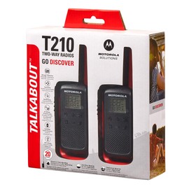 Motorola Solutions, Portable FRS, T210, Talkabout, Radios bidireccionales, Recargables, 22 Canales, 20 Millas, Negro con Rojo, Paquete de 2