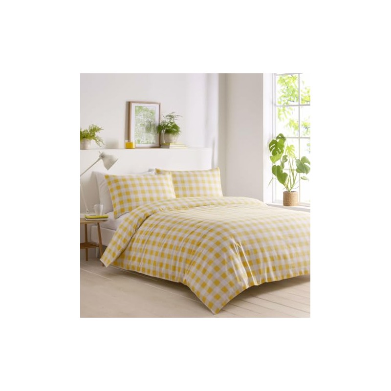 Gingham Duvet Sets Check Bedding Quilt Cover Pillow Cases (Yellow,