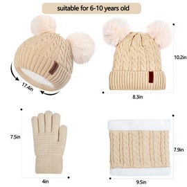 Kids Winter Hats Gloves Scarf Set for Girls Boys Toddler Beanie Baby Neck Warmer Warm Thick Fleece Lining Thermal Beige Knit Cap with Cute Pom Pom for 6-10 Years Old, Gifts for Childrens