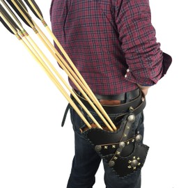 longbowmaker Archery Manchu Quiver Horse Quiver Black Cow Leather Archery Arrows Hip Quiver Field Quiver with Waist Belt(Right Hand take Arrows)