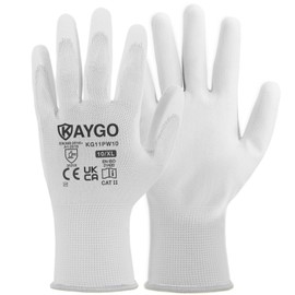 KAYGO KG11P Work Gloves for Men and Women, 12 Pairs, PU Coated Protective Gloves, Non-Slip Grip on Palms and Fingers, Suitable for General Work Warehouse DIY, KG11P (White, XL, Size 10)