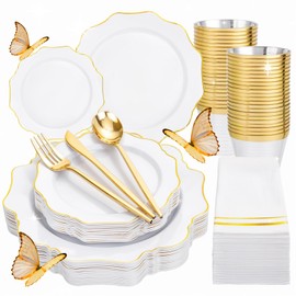 WDF 175Pcs White and Gold Plastic Plates - Gold Plastic Dinnerware Set Include 50 Plates Disposable, 75Cutlery, 25Cups 9Oz, 25Napkins for Party/Wedding