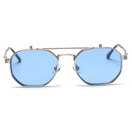 kachawoo Flip Up Sunglasses Men Polarised Sunglasses Metal Fashion Glasses Women Glasses Frame, Silver with blue, Large