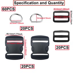HUAZIZ Pack of 20 Buckles for 38 mm Webbing, Adjustable Side Release Plastic Buckles, 20 Pieces Metal D Ring Buckle 38 mm for Paracord Bracelets Dog Collar Backpacks Black, black